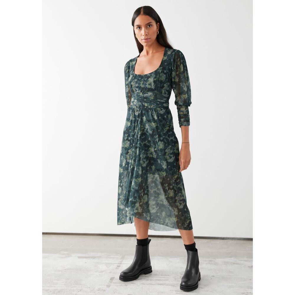 & Other Stories Smocked Floral Mesh Midi Dress Cottagecore US 2 EUC